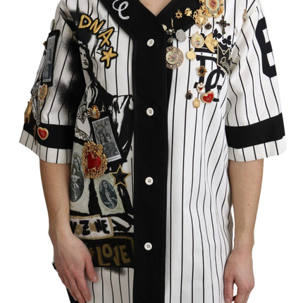 Dolce & Gabbana White and black Blouse Cotton Crystal Charms Amore Shirt