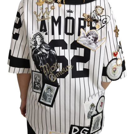 Dolce & Gabbana White and black Blouse Cotton Crystal Charms Amore Shirt