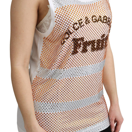 Dolce & Gabbana White Orange Crystal Sleeveless Tank Cotton Top