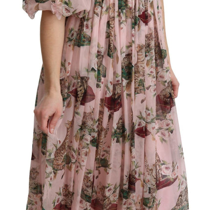 Dolce & Gabbana Pink Bengal Cat Print A-line Maxi Silk  Dress