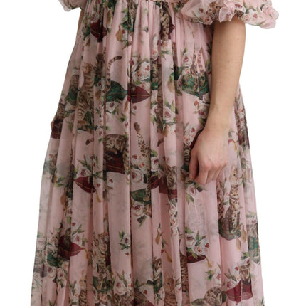 Dolce & Gabbana Pink Bengal Cat Print A-line Maxi Silk  Dress