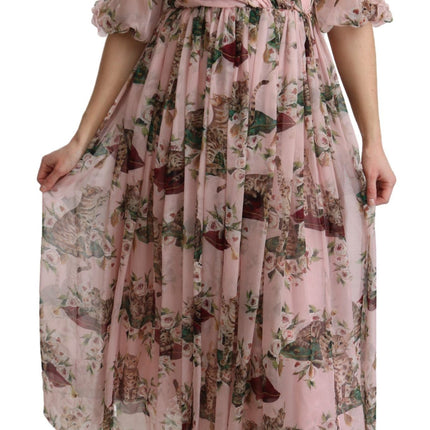 Dolce & Gabbana Pink Bengal Cat Print A-line Maxi Silk  Dress