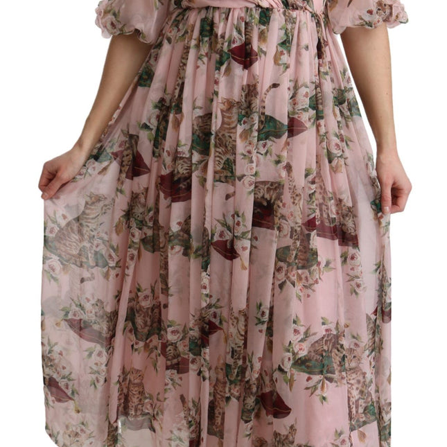Dolce & Gabbana Pink Bengal Cat Print A-line Maxi Silk  Dress