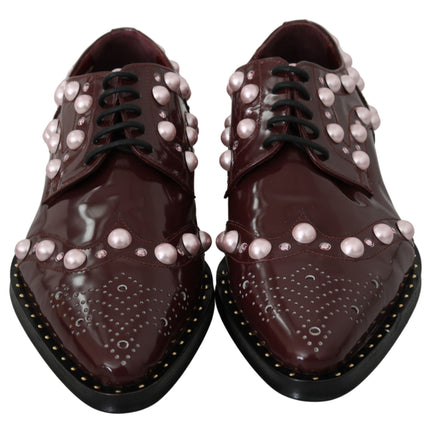Dolce & Gabbana Bordeaux Leather Crystal Pearls Formal Shoes
