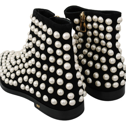 Dolce & Gabbana Black Suede Pearl Studs Boots Shoes