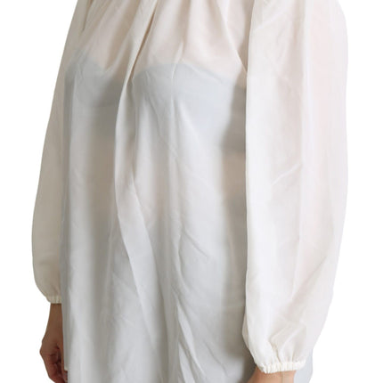 Dolce & Gabbana White Silk Pussy Bow Long Sleeved Top Blouse