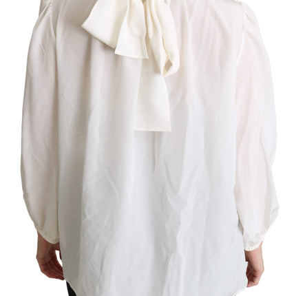 Dolce & Gabbana White Silk Pussy Bow Long Sleeved Top Blouse