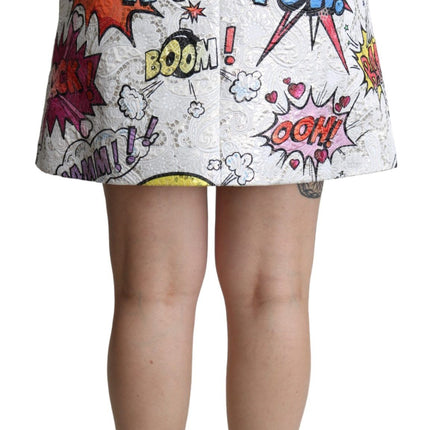 Dolce & Gabbana White Cartoon Brocade A-line High Waist Skirt