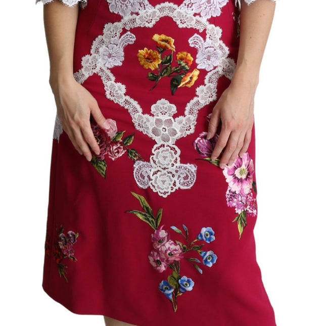 Dolce & Gabbana Red Floral Embroidered Sheath Midi Dress