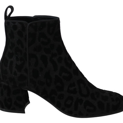 Dolce & Gabbana Black Leopard Short Boots Zipper Shoes
