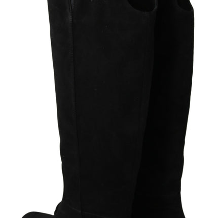Dolce & Gabbana Black Suede Knee High Flat Boots Shoes