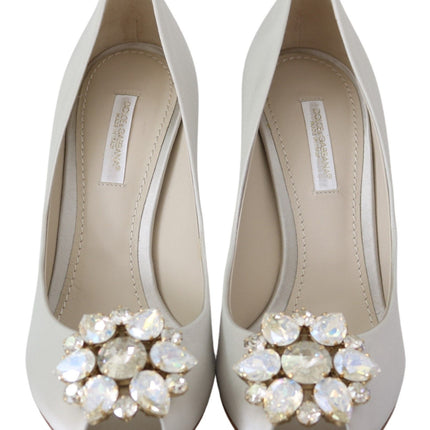 Dolce & Gabbana White Crystals Peep Toe Heels Satin Pumps Shoes