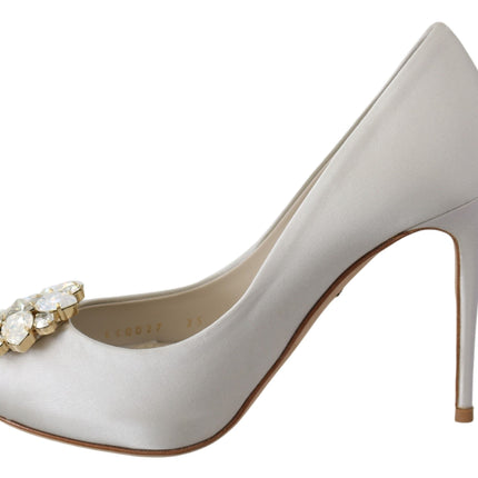 Dolce & Gabbana White Crystals Peep Toe Heels Satin Pumps Shoes