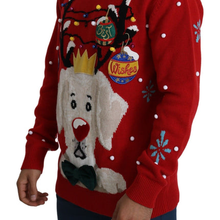 Dolce & Gabbana Red Christmas Dog Pullover Cashmere Sweater