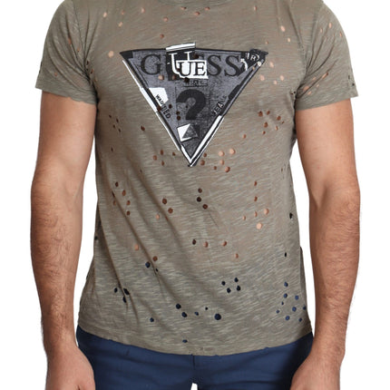 Guess Brown Cotton Stretch Logo Print Men Casual Perforated T-shirt