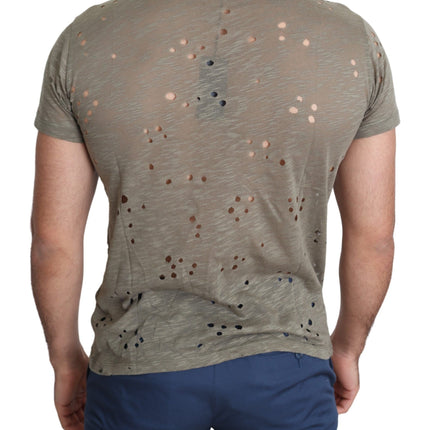 Guess Brown Cotton Stretch Logo Print Men Casual Perforated T-shirt
