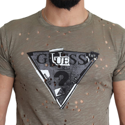 Guess Brown Cotton Stretch Logo Print Men Casual Perforated T-shirt