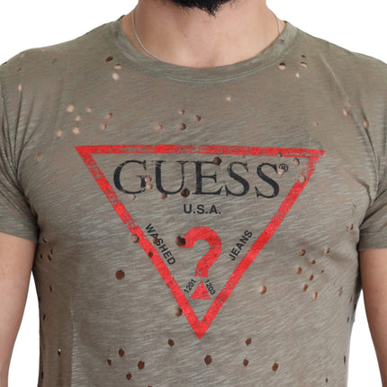 Guess Brown Cotton Stretch Logo Print Men Casual Perforated T-shirt