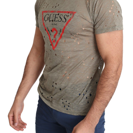 Guess Brown Cotton Stretch Logo Print Men Casual Perforated T-shirt