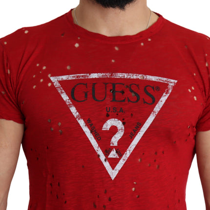 Guess Red Cotton Logo Print Men Casual Top Perforated T-shirt