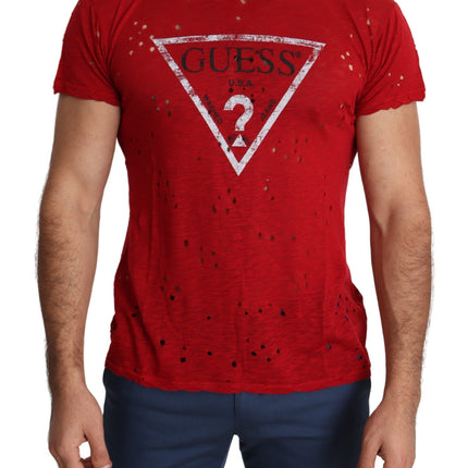 Guess Red Cotton Logo Print Men Casual Top Perforated T-shirt