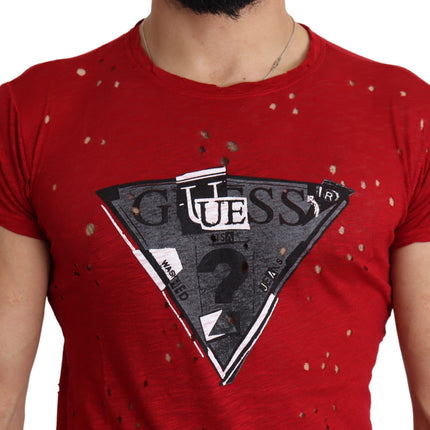 Guess Red Cotton Logo Print Men Casual Top Perforated T-shirt