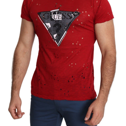 Guess Red Cotton Logo Print Men Casual Top Perforated T-shirt