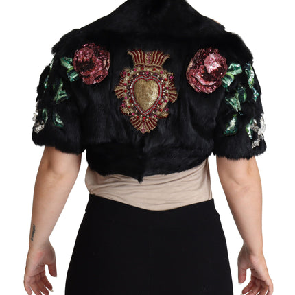 Dolce & Gabbana Black Rabbit Fur Crystals Sequin Coat