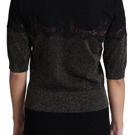 Dolce & Gabbana Black Shiny Lurex Lace Insert Pullover Top