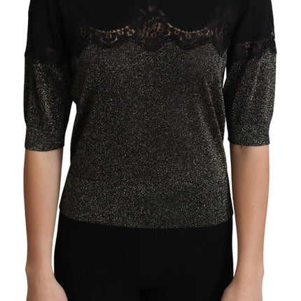 Dolce & Gabbana Black Shiny Lurex Lace Insert Pullover Top