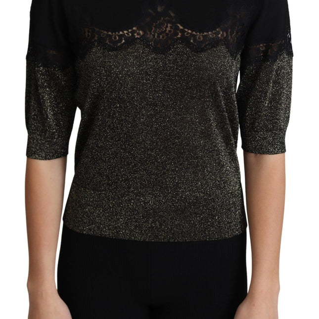Dolce & Gabbana Black Shiny Lurex Lace Insert Pullover Top