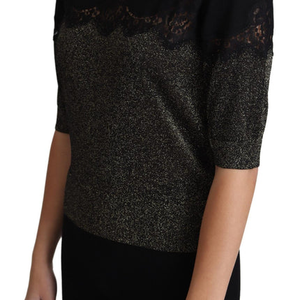 Dolce & Gabbana Black Shiny Lurex Lace Insert Pullover Top