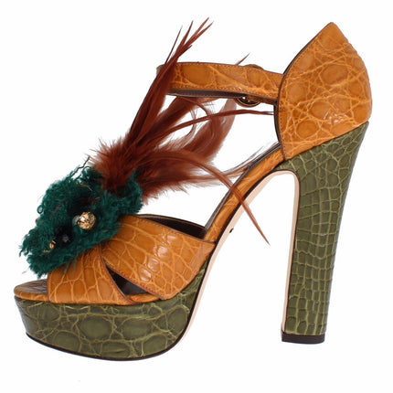 Dolce & Gabbana Orange Leather Crystal Platform Sandal Shoes