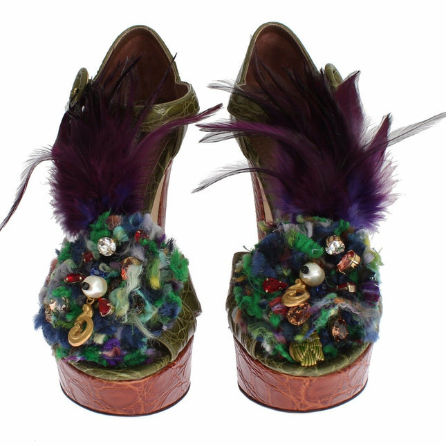 Dolce & Gabbana Green Leather Crystal Platform Sandal Shoes