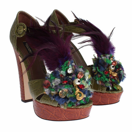 Dolce & Gabbana Green Leather Crystal Platform Sandal Shoes