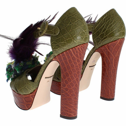Dolce & Gabbana Green Leather Crystal Platform Sandal Shoes