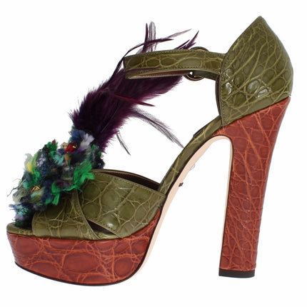 Dolce & Gabbana Green Leather Crystal Platform Sandal Shoes