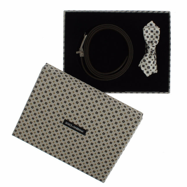 Dolce & Gabbana White Silk Bowtie Leather Men Belt Gift Box