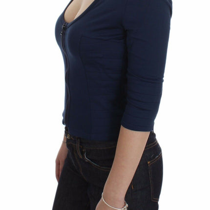 Exte Blue Cotton Top Zipper Deep Crew-neck Sweater