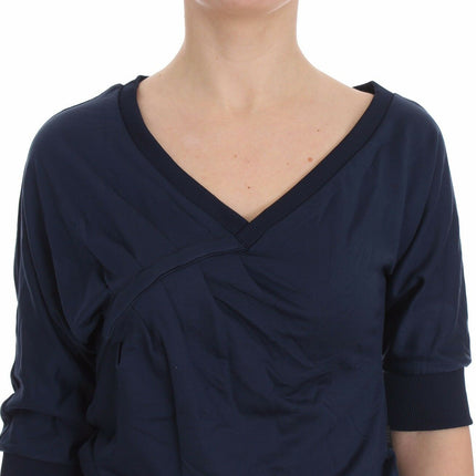 Exte Blue Cotton Top Pullover Deep V-neck Women Sweater