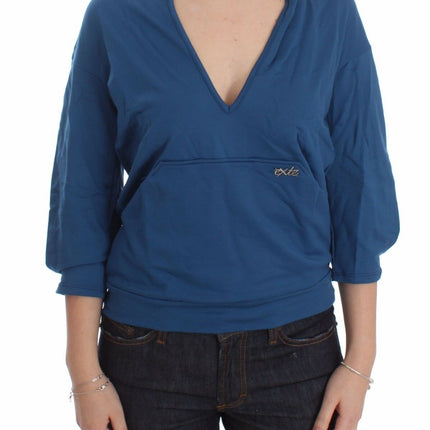 Exte Blue Cotton Top Pullover Deep V-neck Women Sweater