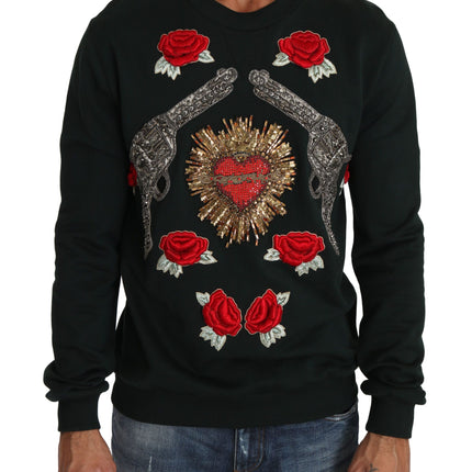 Dolce & Gabbana Green Crystal Heart Roses Gun Sweater