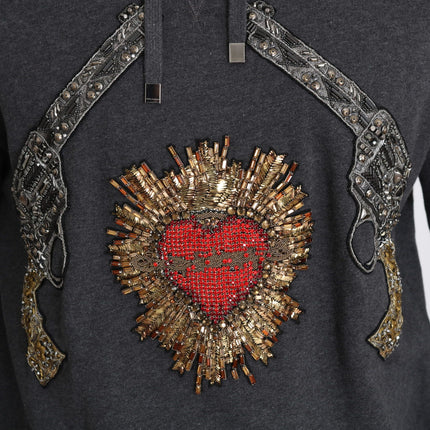 Dolce & Gabbana Gray Hooded Red Crystal Heart Gun Sweater