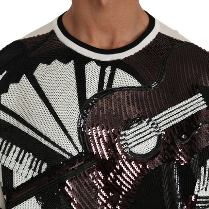Dolce & Gabbana White Jazz Sequined Guitar Pullover Top Sweater