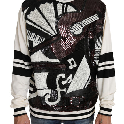 Dolce & Gabbana White Jazz Sequined Guitar Pullover Top Sweater