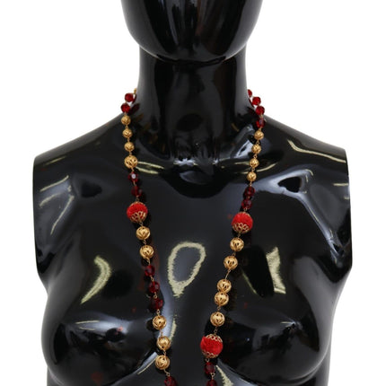 Dolce & Gabbana Gold Tone Brass Red Crystals Pendant Opera Chain  Necklace