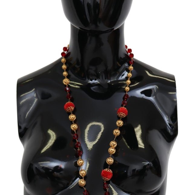 Dolce & Gabbana Gold Tone Brass Red Crystals Pendant Opera Chain  Necklace