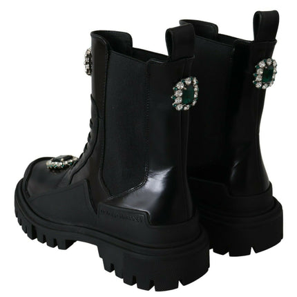 Dolce & Gabbana Black Leather Crystal Combat Boots