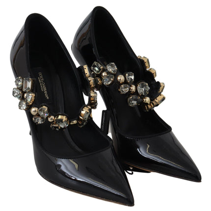 Dolce & Gabbana Black Leather Crystal Shoes Mary Jane Pumps