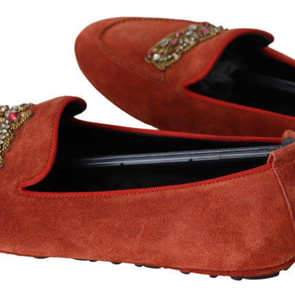 Dolce & Gabbana Orange Leather Crystal Crown  Loafers Shoes